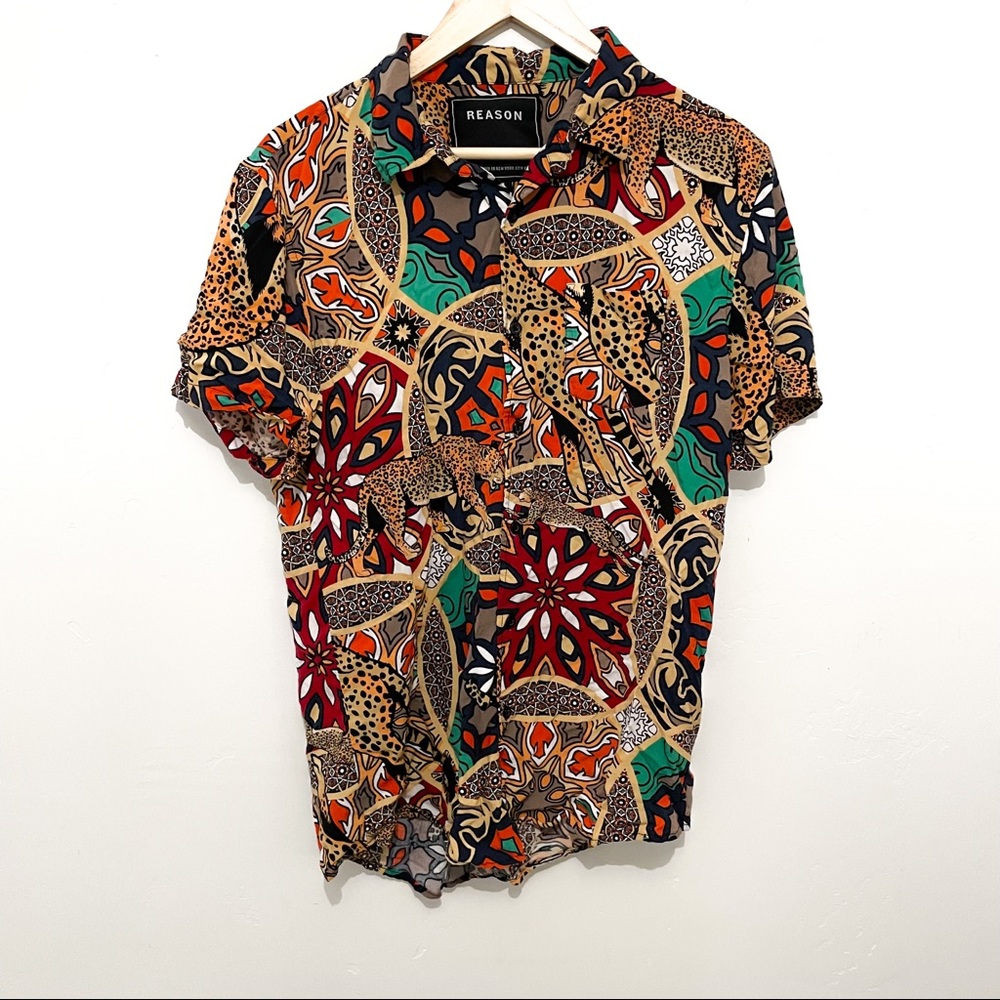 REASON cheetah printed button down shirt sz L